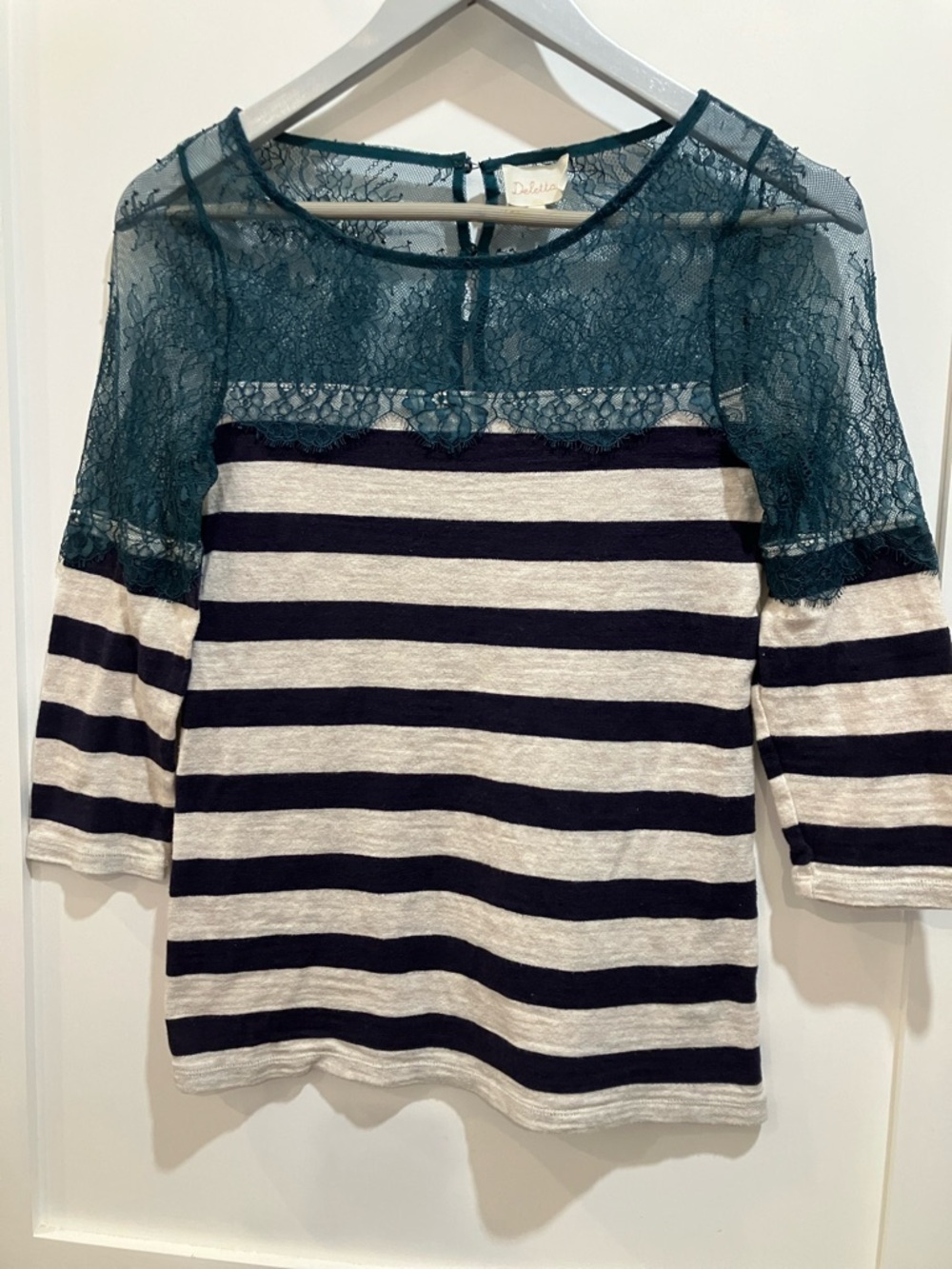 Anthropologie by Deletta small wm’s Teal Lace Trim cotton sweater Top